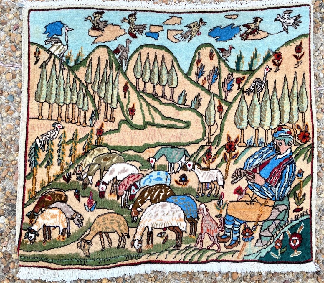 PERSIAN QUM PASTORAL SCENE PICTORIAL HAND KNOTTED RUG WITH 200+ KPSI – 1.10 x 2.0: Persian Qum pastoral scene pictorial rug was hand knotted in Iran of 100 percent wool on a cotton foundation. The rug has full wool piles and is in like new condition. Nice colors with excellent quali
