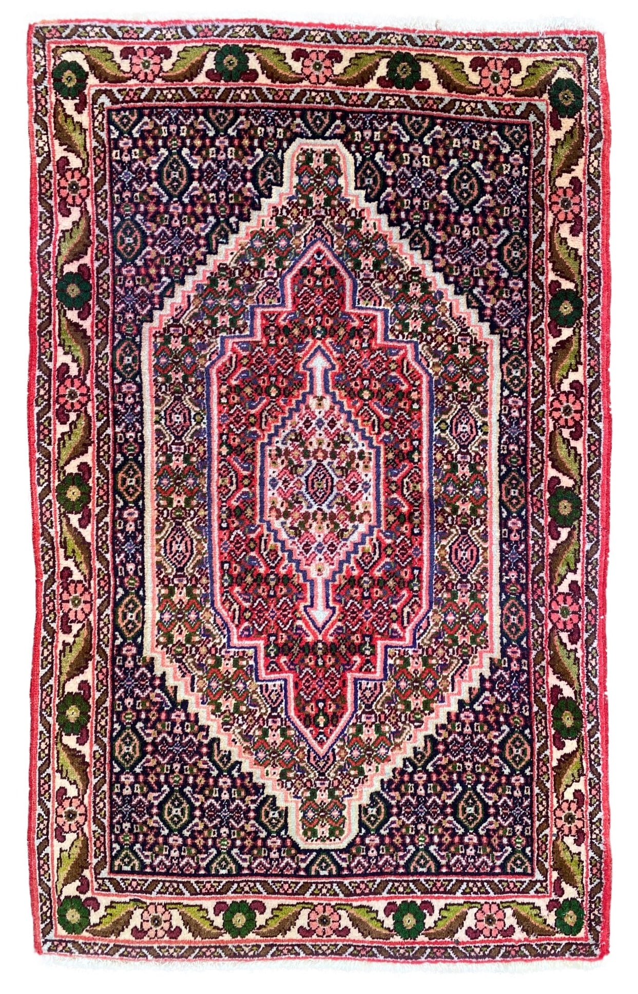 PERSIAN SENEH HAND KNOTTED RUG, 2.3 x 3.7 (69cm x 109cm): Persian Seneh rug was hand knotted in Iran of 100% natural wool with a cotton foundation. This rug is 40+ years old and has full wool piles and is in like new condition for its age. Beautiful colors w