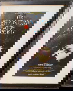 ORIGINAL THEATER POSTER FOR THE PHANTOM OF THE OPERA, 22IN x 28IN (56cm x 71cm): Original theater poster for The Phantom of the Opera in London in 1986. This piece was printed by R.U.G.P.L.C. in 1986 on very thick card stock. It measures 22 inches x 28 inches with the frame. It is