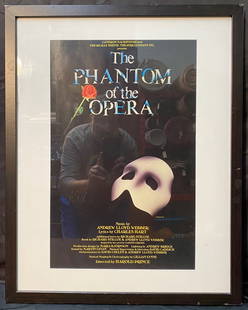 ORIGINAL THEATER POSTER FOR THE PHANTOM OF THE OPERA, 22IN x 28IN (56cm x 71cm): Original theater poster for The Phantom of the Opera in London in 1986. This piece was printed by R.U.G.P.L.C. in 1986 on very thick card stock. It measures 22 inches x 28 inches with the frame. It is