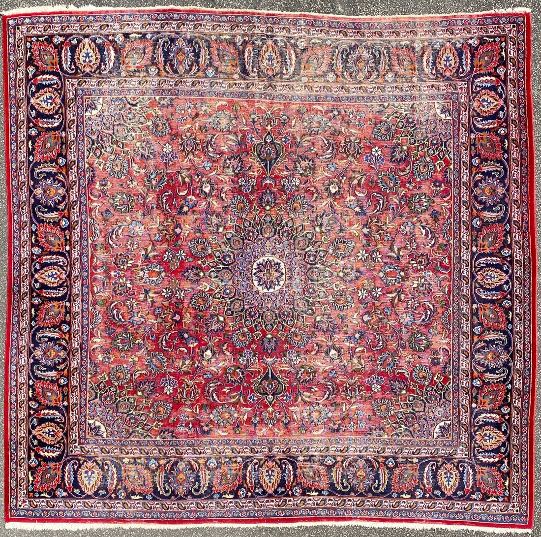 ANTIQUE PERSIAN MASHAD HAND KNOTTED RUG, 9.3 x 9.8 (282cm x 292cm): Antique Persian Mashad rug, hand knotted in Persia of 100% natural wool on a cotton foundation. This rug is 100+ years old and has medium to low40.1. wool piles and is in excellent condition for its a