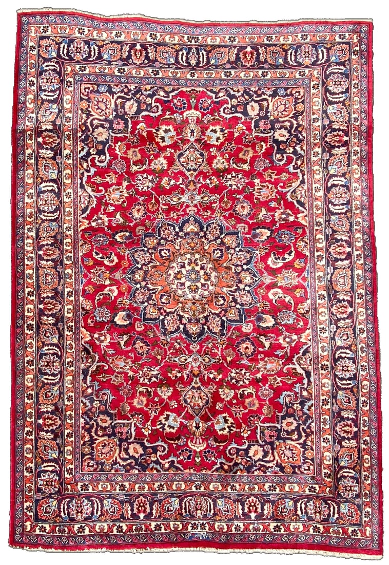 VINTAGE SIGNED PERSIAN MASHAD HAND KNOTTED RUG, 6.8 x 9.6 (203cm x 290cm) (1 of 6)