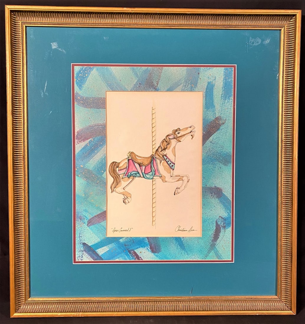 CHRISTIAN ALAN WATERCOLOR ON PAPER TITLED HORSE CAROUSEL I MEASURES 31IN x 33IN (1 of 5)