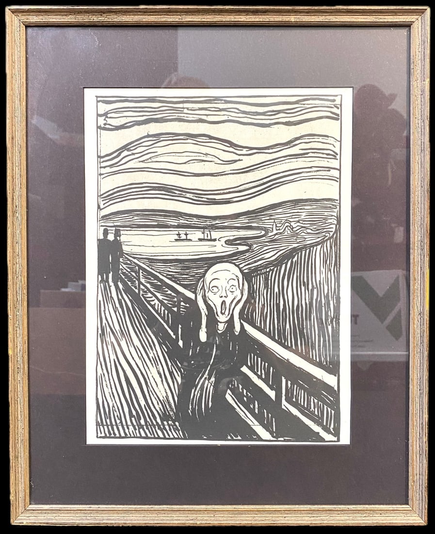 EDVARD MUNCH (1863-1944) LITHOGRAPH TITLED THE SCREAM, 14IN x 17IN (36cm x 43cm): Edvard Munch (1863-1944) lithograph titled The Scream, which is after after the original that was produced in 1895. This piece was produced by the National Gallery of Art in Washington DC. It is matte