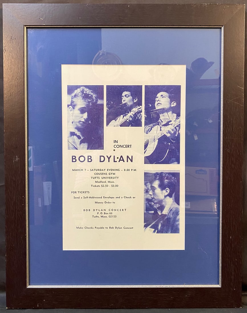 BOB DYLAN CONCERT POSTER, 21.5IN x 27.5IN (55cm x 70cm): Bob Dylan concert poster for his Medford, MA concert on March 7, 1964. With frame, it measures 21.5 inches x 27.5 inches. It is matted and framed under acrylic in a brown frame. Acquired from a Metro