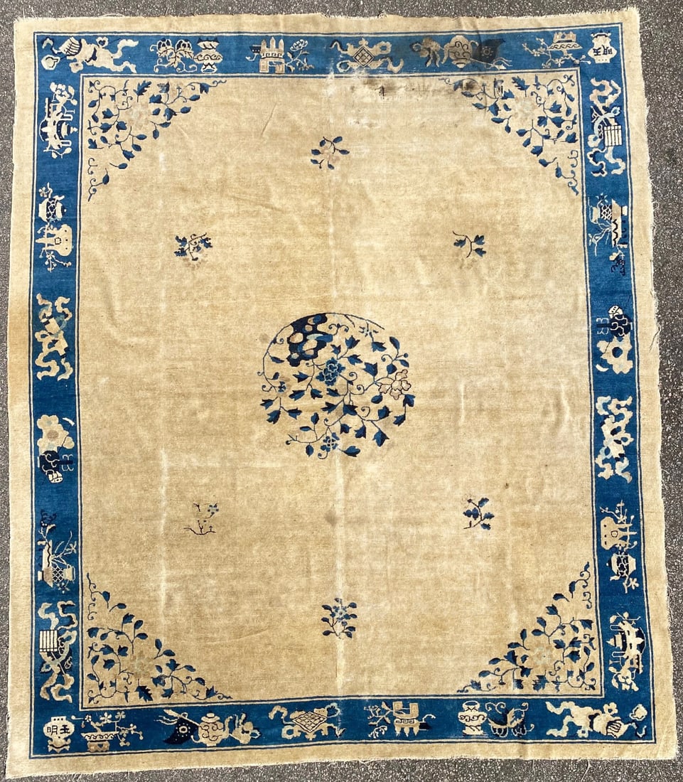 ANTIQUE CHINESE ART DECO NICHOLS PICTORIAL HAND KNOTTED RUG, 8.1 x 9.3 (246cm x 282cm): Antique Chinese Art Deco Nichols Pictorial rug was hand knotted of 100% wool on a cotton foundation. This rug is 100+ years old, has medium to low wool piles and is in excellent condition for its age,