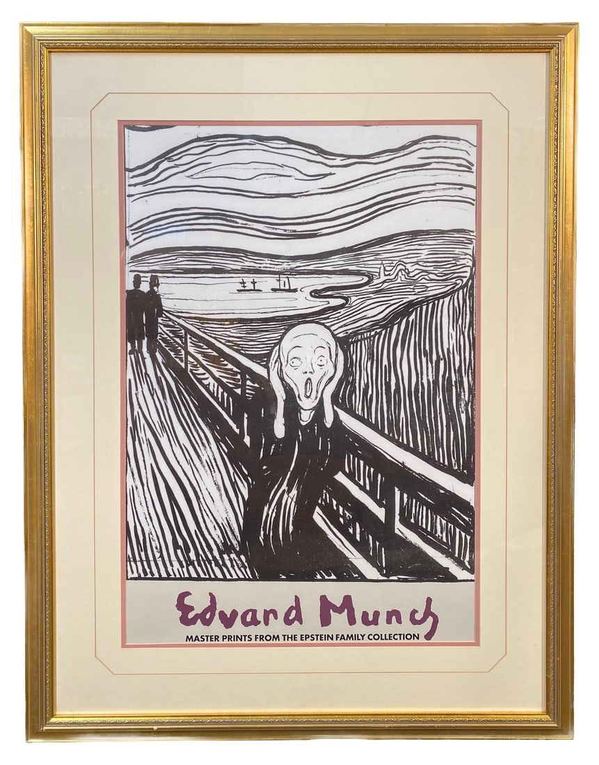EDVARD MUNCH (1863-1944) ORIGINAL NATIONAL GALLERY EXHIBIT POSTER FOR HIS MASTER PRINTS, 32IN x 41IN: Edvard Munch (1863-1944) original National Gallery exhibit poster announcing his Master Prints. It measures 32 inches x 41 inches. It is framed under glass in an ornate, gold tone frame. It was produc