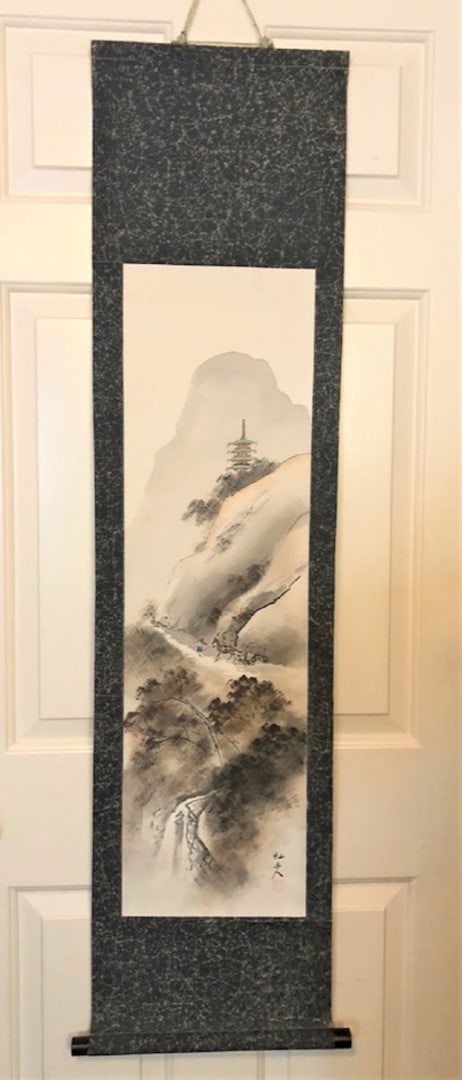 JAPANESE HAND PAINTED WALL HANGING SCROLL, RICE PAPER OF MAN WALKING HORSE MEASURING 12 IN x 50 IN (1 of 5)