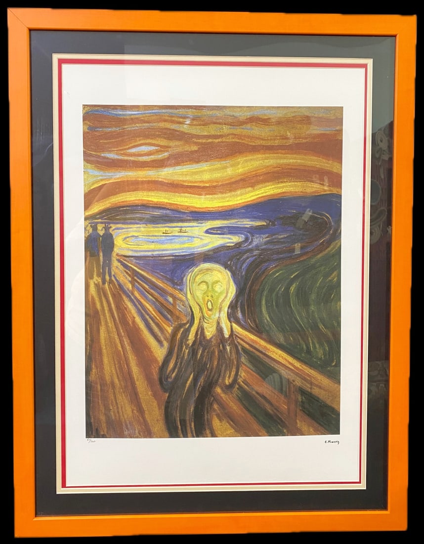 EDVARD MUNCH (1863-1944) LIMITED EDITION SIGNED LITHOGRAPH TITLED THE SCREAM WITH COA, 24IN x 31IN: Edvard Munch (1863-1944) limited edition, signed lithograph of painting titled The Scream. Limited edition of 200 with La TREC embossing in the lower left corner, and it comes with a COA with the same