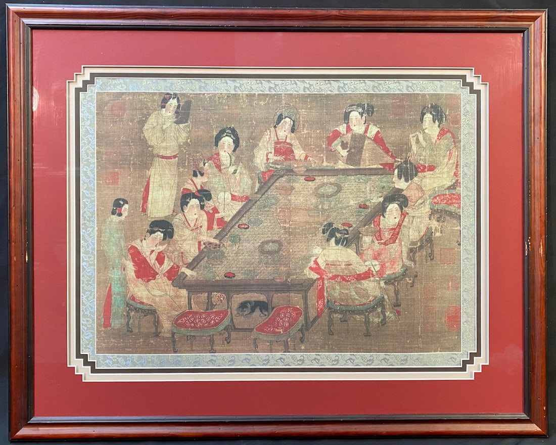CHINESE SILK SCREEN PAINTING TITLED A MUSIC PARTY AT THE TANG PALACE, 29IN x 36IN (74cm x 91cm) (1 of 7)