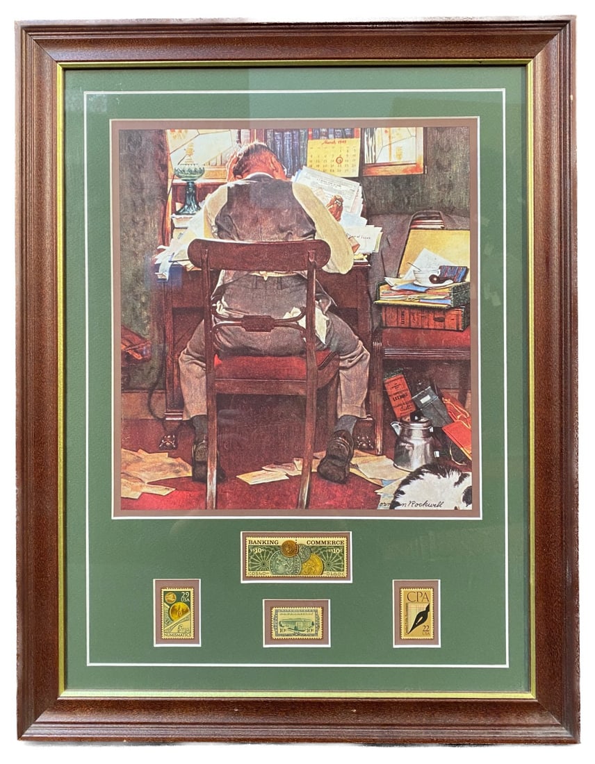 NORMAN ROCKWELL (1894-1978) PRINT TITLED BEATING THE DEADLINE WITH 4 ACCOUNTING THEMED U.S. POSTAGE (1 of 6)