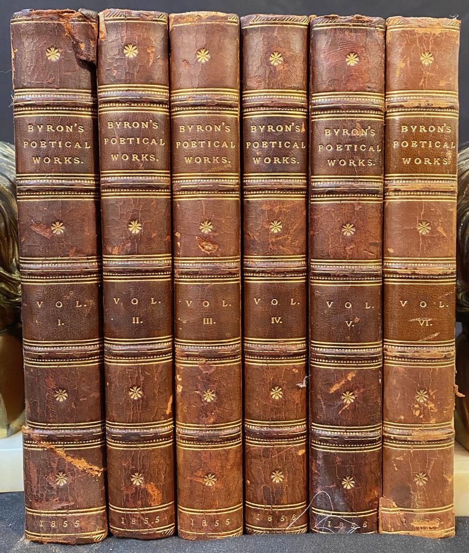 THE POETICAL WORKS OF LORD BYRON, 6 VOLUMES, 1855: 1855. London. John Murray, Publisher. Complete in 6 volumes. All volumes are in Very Good condition. All volumes are bound in brown leather hardback, with gold embossing on the spine for title. No own