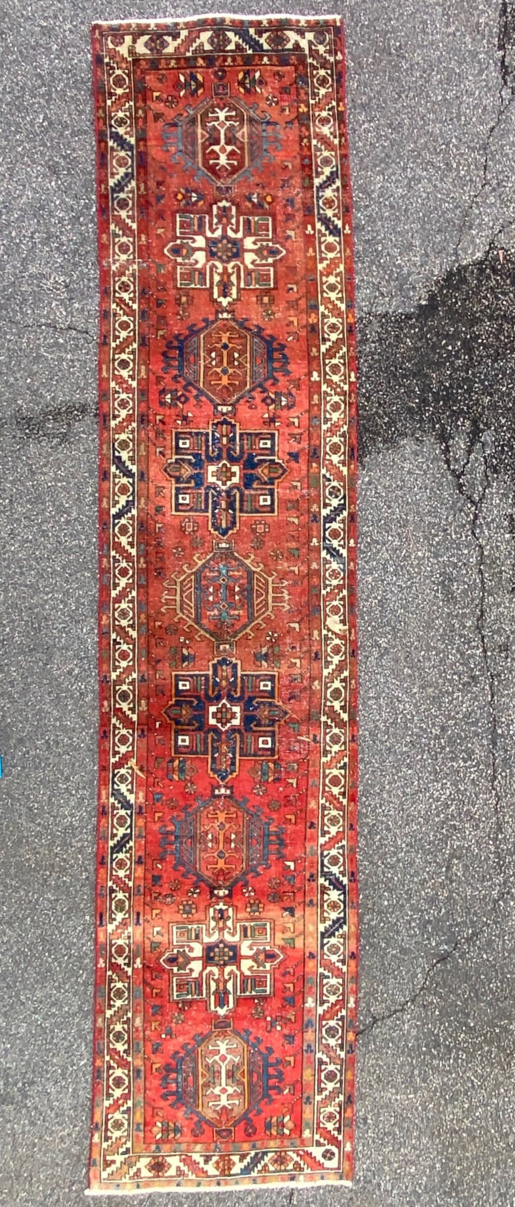 EXTRA LONG ANTIQUE PERSIAN HERIZ  HAND KNOTTED  RUNNER, 3.4 x 14.4 (102cm x 437cm) (1 of 5)