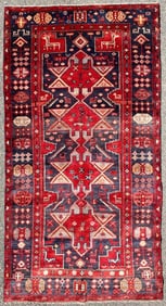 ANTIQUE KAZAK CAUCASIAN PICTORIAL HAND KNOTTED RUG, 5.0 x 9.6 (152cm x 290cm)