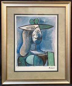 AFTER PABLO PICASSO (1881-1973) LIMITED EDITION GICLEE TITLED WOMAN WITH GREEN HAT WITH COA, 19IN x