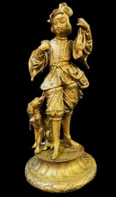 SPELTER FIGURINE STATUE OF A HUNTER WITH DOG, 12IN TALL (30.5cm)