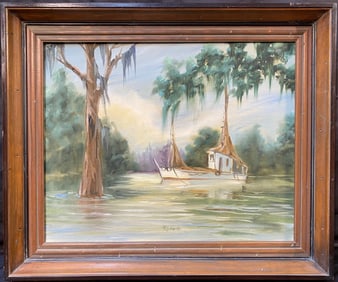 GLADYS ROBERTS (1930-2022) ORIGINAL OIL ON CANVAS PAINTING TITLED SHRIMP BOAT – 20IN x 24IN (51cm