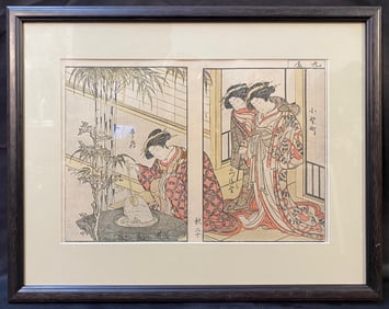 ANTIQUE JAPANESE WOODBLOCK PRINT BY KATSUKAWA SHUNSHO (1726-1792) TITLED COURTESANS OF MARUYA, 14IN