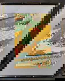 ANTIQUE JAPANESE WOODBLOCK PRINT BY UTAGAWA HIROSHIGE II (1826-1869) TITLED COURT SCENE, 14.75IN x