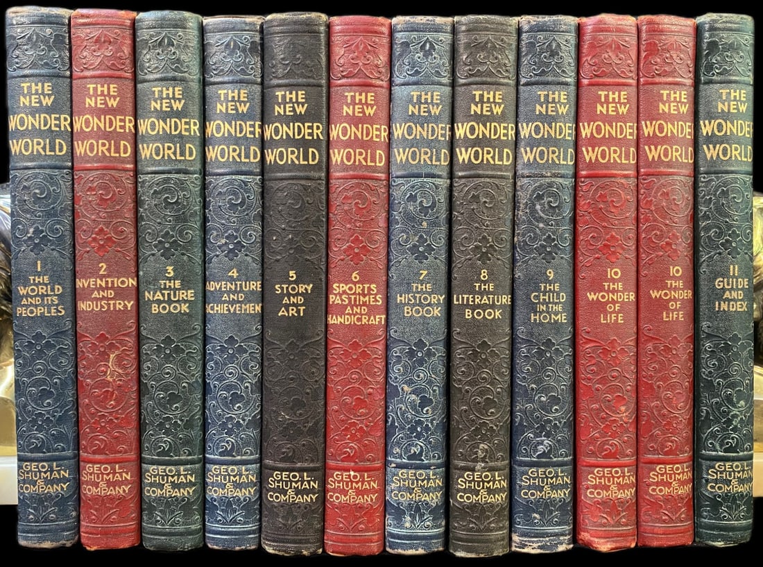 THE NEW WONDER WORLD, 12 VOLUMES, 1952: 1952. Chicago. Published by Geo. L. Shuman and Company. Complete in 11 volumes, there are 2 volumes of 10. All volumes are in Very Good+ condition. All volumes are bound in full, leather hard covers i
