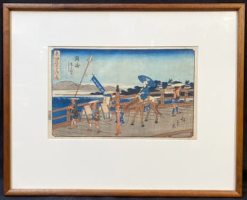 ANTIQUE JAPANESE WOODBLOCK PRINT BY UTAGAWA HIROSHIGE ANDO (1797-1858) TITLED YAHAGI BRIDGE,