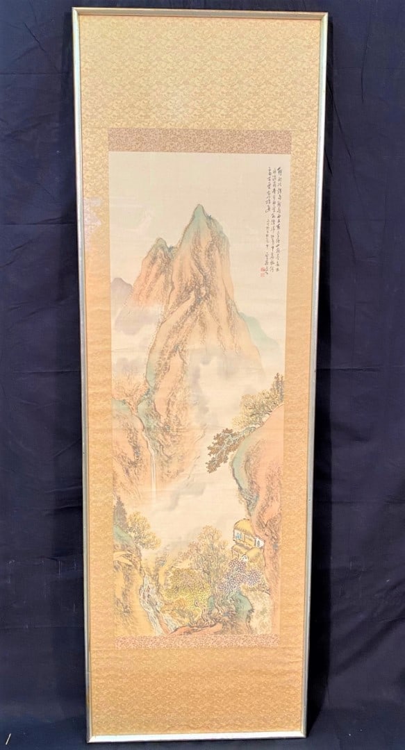 ANTIQUE JAPANESE SCROLL LANDSCAPE PAINTING, FRAMED UNDER GLASS – 23 IN x 70 IN (1 of 7)