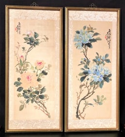 ASIAN PAINTINGS ON SILK SCROLLS, SIGNED AND FRAMED - 10in x 22in EACH
