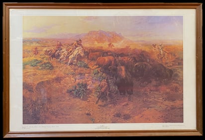 CHARLES M. RUSSELL (1864-1926) LITHOGRAPH TITLED THE BUFFALO HUNT, 24.5IN X 37IN (62cm x 94cm)