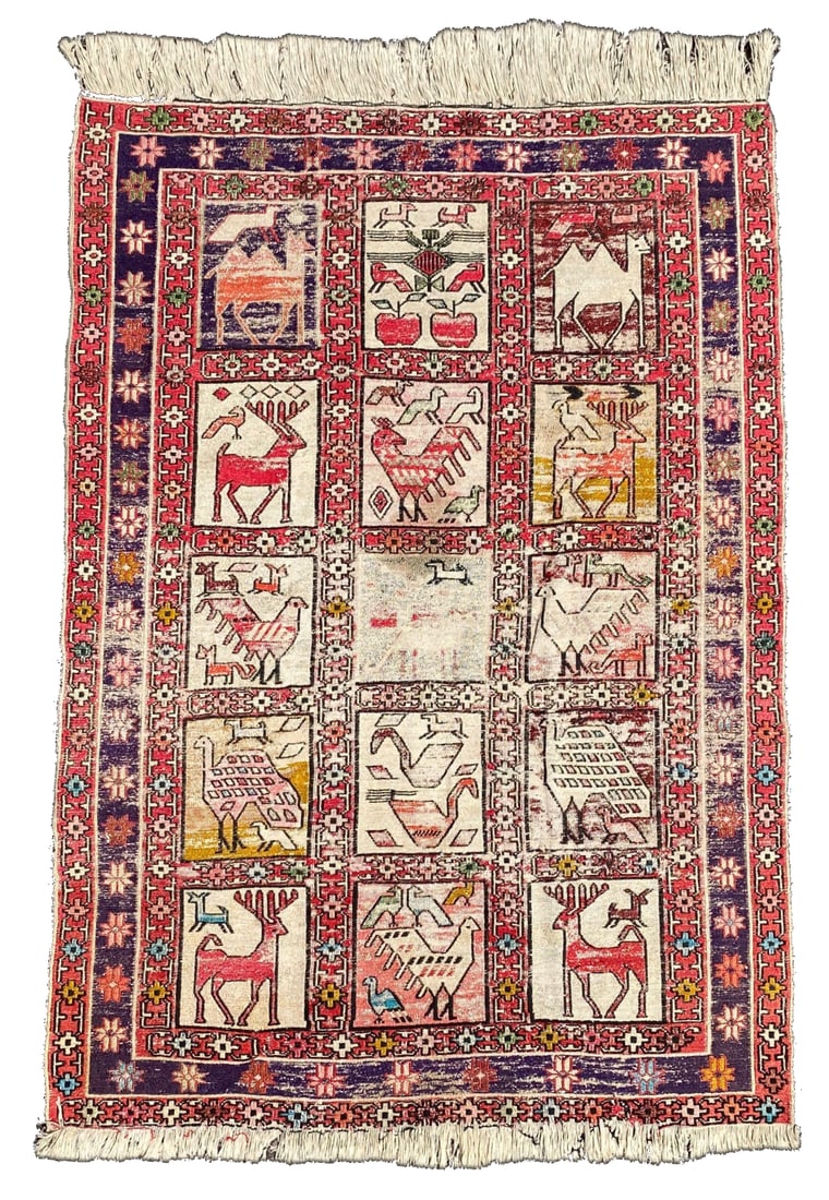 ANTIQUE PICTORIAL SOUMAK FLAT WEAVE HAND KNOTTED RUG, 3.4 x 4.5 (102cm x 135cm) (1 of 5)