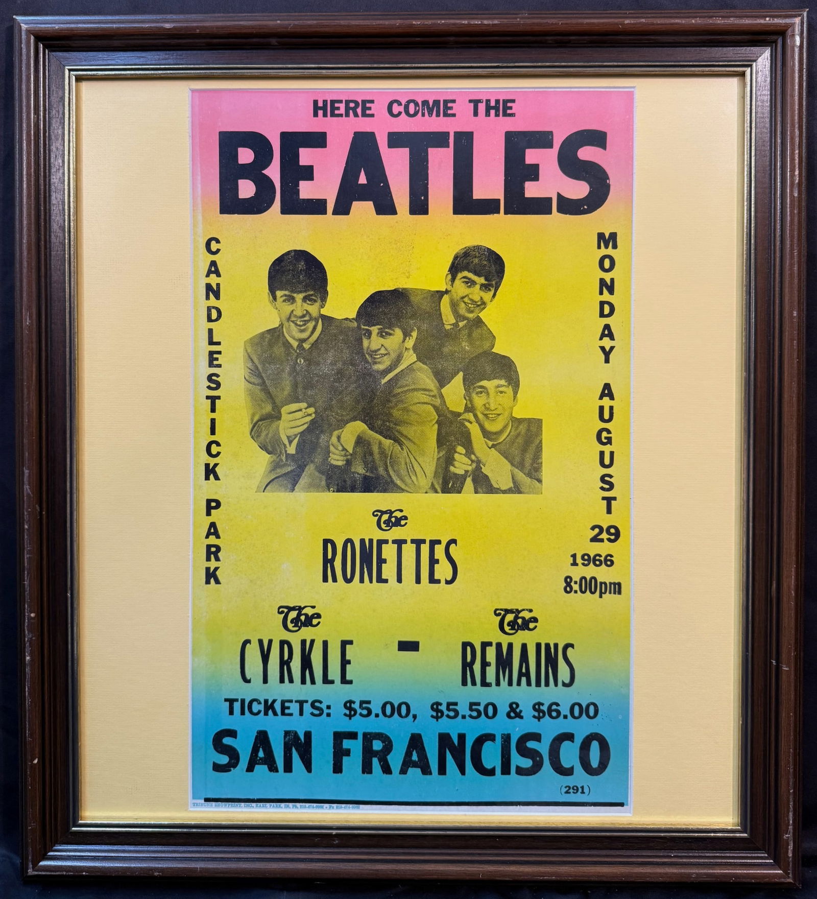 ORIGINAL VINTAGE BEATLES CONCERT POSTER FOR THEIR 1966 CANDLESTICK PARK SHOW, 22.5IN x 26IN (57cm x: Original vintage Beatles concert poster for their August 29, 1966 show. This piece was produced by Tribune Showprint, Inc. in Earl Park, IN. With frame, it measures 22.5 inches x 26 inches. Acquired f