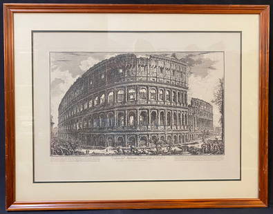 GIOVANNI BATTISTA PIRANESI (1720-1778) ETCHING TITLED THE COLISEUM, 28IN x 35.5IN (71cm x 90cm): Giovanni Battista Piranesi (1720-1778) hand colored engraving titled The Coliseum. It is after the original which was made in 1757. This piece was printed by hand in Italy on thick, handmade paper. Wi