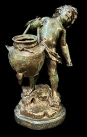 BRONZE STATUE OF BOY HOLDING A WATER JUG BY AUGUSTE MOREAU (1834-1917), 23IN TALL