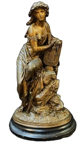 ANTIQUE BRONZE STATUE OF GREEK MUSE ERATO WITH LYRE ON WOODEN PEDESTAL, 8IN x 9IN x 21IN (20cm x