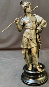 CAST METAL STATUE ON A WOODEN PLINTH OF MERCURY WITH A WINGED HELMET AND SPEAR, 13.87IN TALL (35cm)