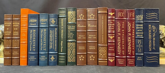 EASTON PRESS THE LIBRARY OF THE PRESIDENTS, 16 VOLUMES, WILSON TO NIXON, NIXON IS HAND SIGNED