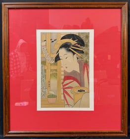 ANTIQUE JAPANESE WOODBLOCK PRINT BY EISHOSAI CHOKI (1775-1822) TITLED BEAUTY AND WIND CHIMES WITH