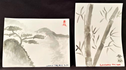 CARIN PALCER – 2 ORIGINAL PAINTINGS, WATERCOLORS ON PAPER TITLED LANDSCAPE AND BAMBOO, INSCRIBED
