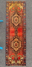 ANTIQUE SIGNED PERSIAN HAMADAN HAND KNOTTED RUNNER, 3.2 x 10.0 (97cm x 305cm)