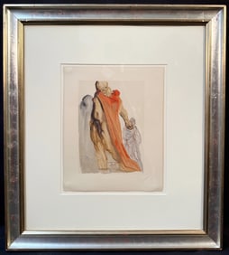 SALVADOR DALI (1904-1989) ORIGINAL SURREALIST WOODCUT TITLED THE REPROACH OF VIRGIL, 22IN x 25IN