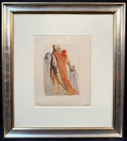 SALVADOR DALI (1904-1989) ORIGINAL SURREALIST WOODCUT TITLED THE REPROACH OF VIRGIL, 22IN x 25IN (1 of 6)