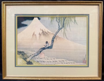 JAPANESE PRINT BY KATSUSHIKA HOKUSAI (1760-1849) TITLED BOY VIEWING MOUNT FUJI, 15IN x 19IN (38cm x