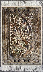 PERSIAN TREE OF LIFE SOUF WOOL AND SILK HAND KNOTTED RUG WITH 400+ KPSI, NEW, 2.1 x 3.1 (64cm x