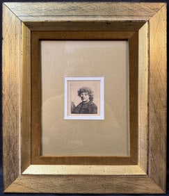 REMBRANDT VAN RIJN (1606-1669) ETCHING AND DRYPOINT TITLED SELF PORTRAIT IN A CLOAK WITH A FALLING