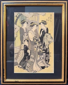 JAPANESE WOODBLOCK PRINT BY CHOBUNSAI EISHI (1756-1829) TITLED SUGAWARA WITH ATTENDANTS MUMENO AND