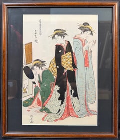 JAPANESE WOODBLOCK PRINT BY TORII KIYONAGA (1752-1815) TITLED GEISHA IN GION WITH COA, 15.5IN x