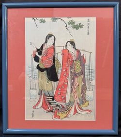 JAPANESE WOODBLOCK PRINT BY TORII KIYONAGA (1752-1815) TITLED SHIAKUMI DANCE WITH COA, 17.5IN x