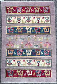 PICTORIAL KAZAK HAND KNOTTED RUG, NEW, 2.8 x 4.1 (81cm x 124cm)