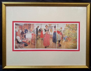 CARL LARSSON (1853-1919) LITHOGRAPH TRYPTYCH TITLED NOW ITS CHRISTMAS TIME AGAIN, 20IN x 26.5IN