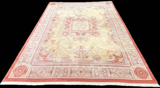 MANSION SIZED ART DECO HAND KNOTTED RUG, 13.11 x 17.8 (424cm x 538cm): Mansion Sized, Art Deco 90-line rug was hand knotted in China of 100% natural wool on a cotton foundation. The rug has very thick (1 inch) wool piles and is in excellent condition. Beautiful colors