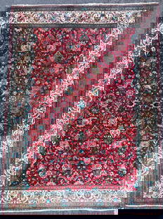 MANSION SIZED VINTAGE SIGNED PERSIAN MASHAD HAND KNOTTED RUG, 11.3 x 15.5 (343cm x 470cm): Mansion sized, vintage, signed, Persian Mashad rug, hand knotted in Persia of 100% natural wool on a cotton foundation. This rug is 60+ years old and has medium wool to low piles and is in excellent